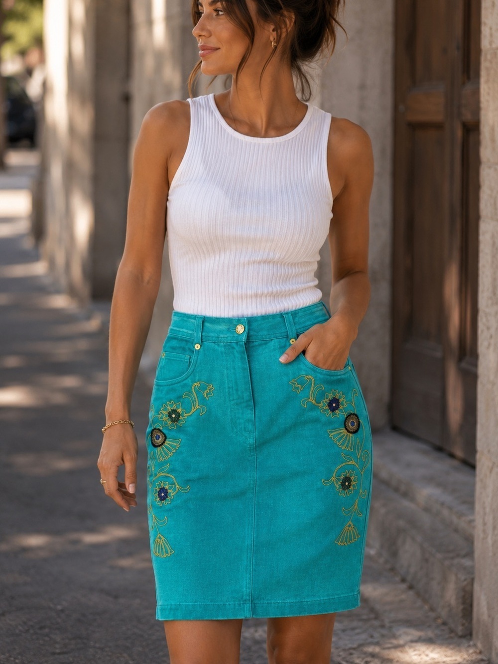 Vintage Embroidered Turquoise Denim Skirt – Floral Detail – Size 38 (S/M)